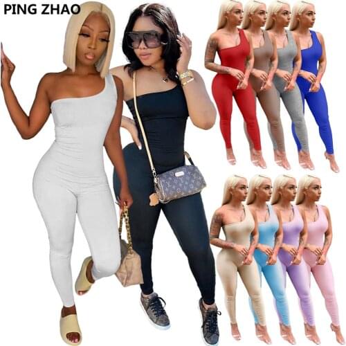 PING ZHAO Spring/Summer 2021 Sexy Womens Onesie Multi-Color One-Shoulder Sleeveless Hip Lift Sports Jumpsuit Club Leggings