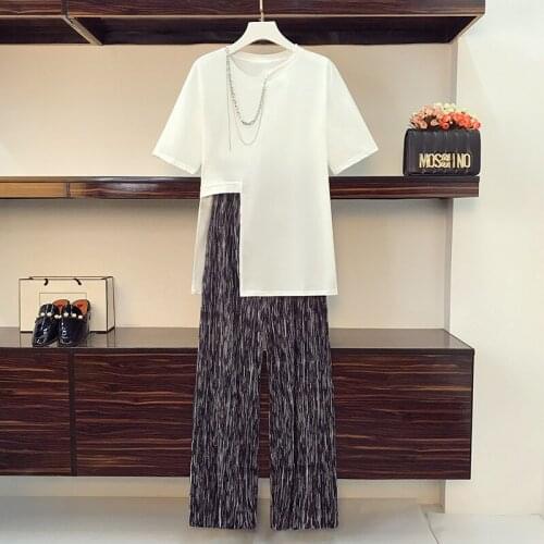 Plus Size 4xl Summer Irregular T-shirt Wide Leg Pants Suit Casual Fashion Ensemble Femme Deux Pieces Year-old Female Costume