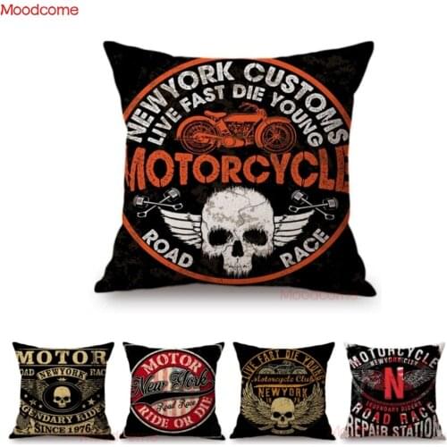 Vintage Motorcycle Club New York Motor Race Funky Pillow Cover Black Letter Print Live Fast Die Young Sofa Linen Cushion Cover