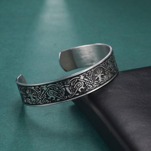 Vintage Nordic Style Life Tree Engraved Viking Cuff Bangle Viking Hard Bracelet for Men Women Casual Punk Fathers Day Gifts