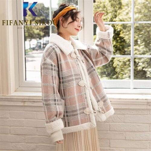2020 Winter Jacket Women Thick Warm Outerwear Fashion Plaid Lapel Lambswool Jacket Short Coats Female Loose Sweet Winter Coat