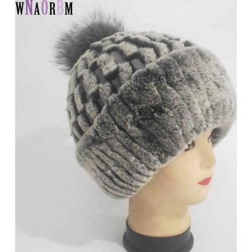 Womens Genuine Rex Rabbit Fur Hats Autumn and winter Scalable100% Fox Fur hair ball Warm Real Fur Knit High elasticity Caps
