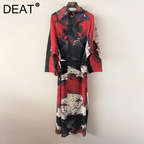 DEAT Women Pleated Coat Multicolor Ink Painting Lapel Long Sleeve Lacing Vintage Style Loose Jackets 2021 Autumn Fashion 15JK468