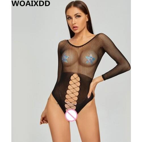 Long Sleeve Erotic Lingerine Fishnet Bodysuit Women Teddies Perspective Open Bra Crotchless BodyStocking Sexy Nightwear Babydoll