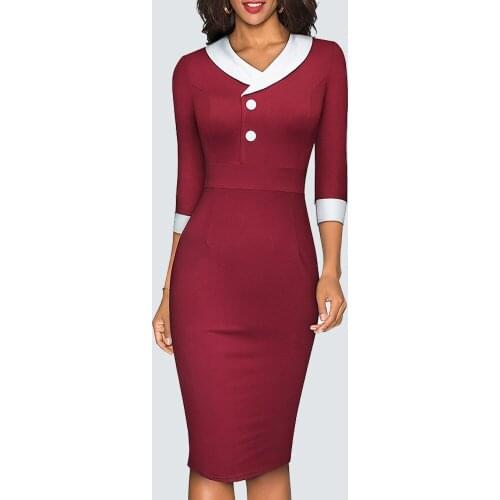 Women Classy Fashion Patchwork Office Lady Chic Buttons V Neck Business Bodycon Pencil Dress HB603