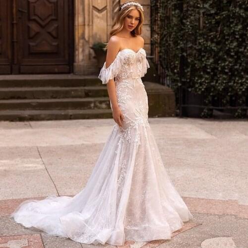 Champagne Church Mermaid Wedding Dresses 2021 Lace Beaded Boho Bride Dress Sexy Beach Wedding Gowns Vestido de Noiva Sereia
