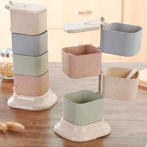 1PC Wheat Fiber Spice Jar Straw Seasoning Box 360 Degree Rotary Vertical With Spoon Kitchen Stackable Food Container OK 0539
