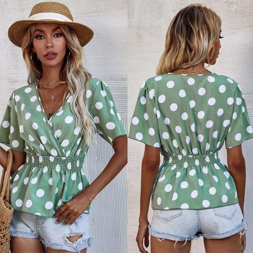 2021 Summer Fashion Polka Dot Women Blouses Vintage Short Sleeve Shirts Tunic Casual Loose V Neck Elegant OL Blusas