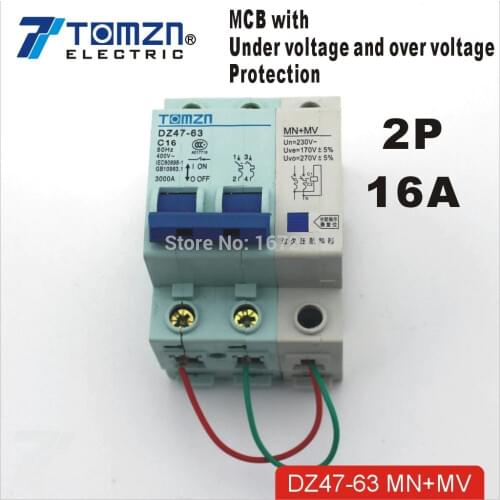 2P 16A MV+MN 400V~ 50HZ/60HZ MCB with over voltage and under voltage protection Mini Circuit breaker