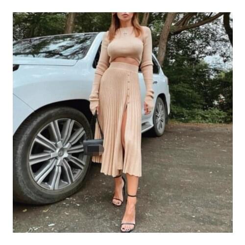 White Sexy Sweater Knitted Long-sleeved Short Blouse Side Button Slit Pleated Skirt Two-piece Womens Fashion Sweater Set Pure