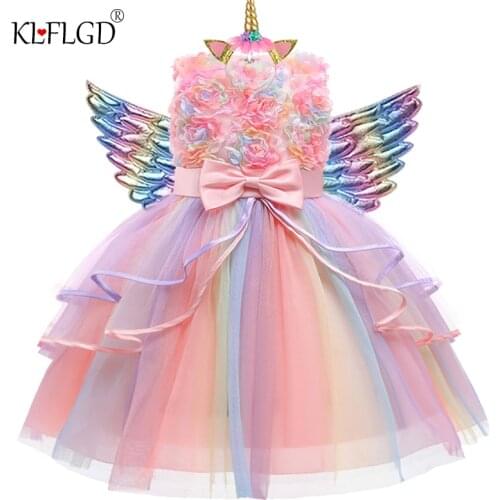 Childrens clothing baby princess birthday party Unicorn Print Dress Girls' school ceremony Dance color matching sacrament dress