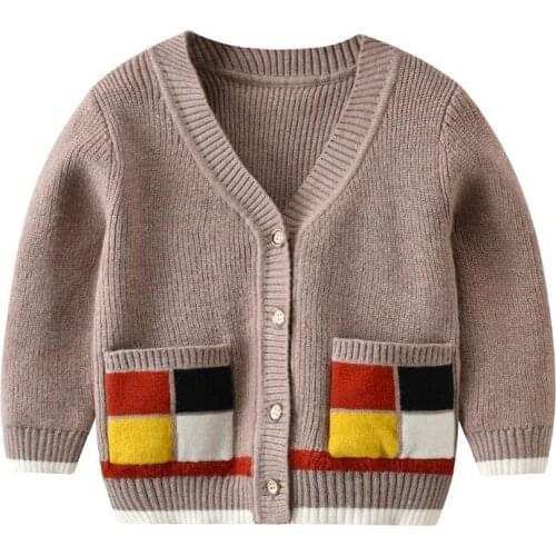 Baby Cardigan Autumn New Boys Kids Sweater Europe and America V-neck Pocket Patchwork Long Sleeve Knitted Jacket Baby Cardigan