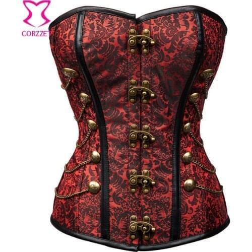 Punk Rave Red Brocade Button Chain Gothic Waist Slimming Corsets Plus Size Women Clothing Espartilhos Corset Corselet Steampunk