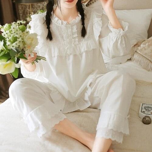 Women Princess Long sleeve Lace Ruffle Pajama Sets Tops+Pants.Vintage Ladies Cotton Pyjamas Set Victorian Girls Home Sleepwear