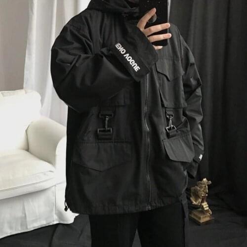 Techwear Hooded Tactical Military Hip Hop Jackets Coats For Men Casual Pockets Mens Overalls Bomber Jacket Streetwear Outerwear