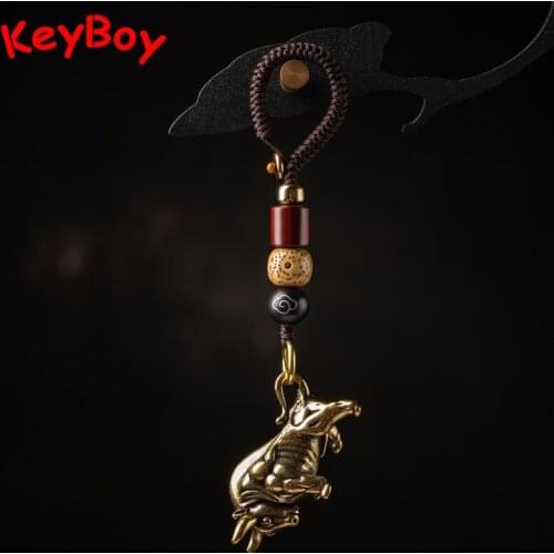 Brass Wall Street Bullfighting Figure Keychains Pendants Vintage Handmade Woven Rope Copper Animal Bull Keyring Lanyard Hangings