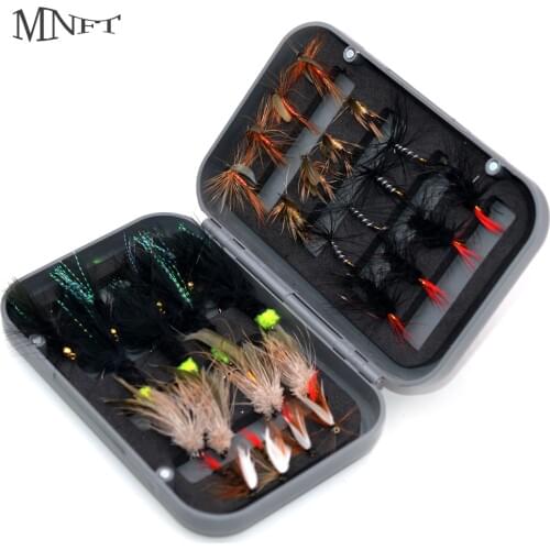MNFT 32Pcs/Boxed Dry Fly Fishing Lure Dry Flies Fish Hook Lures Fishing Black Brown Wooly Bugger Streamer Fly Fishing Lures
