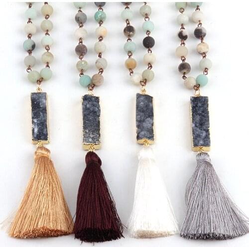 Fashio Artisan Jewelry Frosted Amazonite Stone rectangle druzy and Tassel Punk Necklaces For Women Lariat Necklace