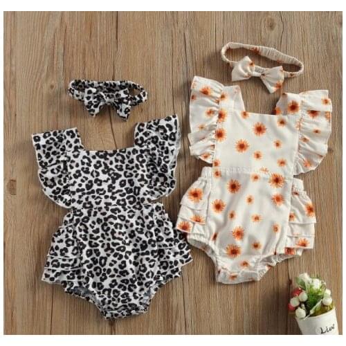 0-18M Summer Cute Infant Baby Girls Bodysuits Clothes Sets Short Sleeve Leopard/Sunflowers Print Ruffles Backless Jumpsuits