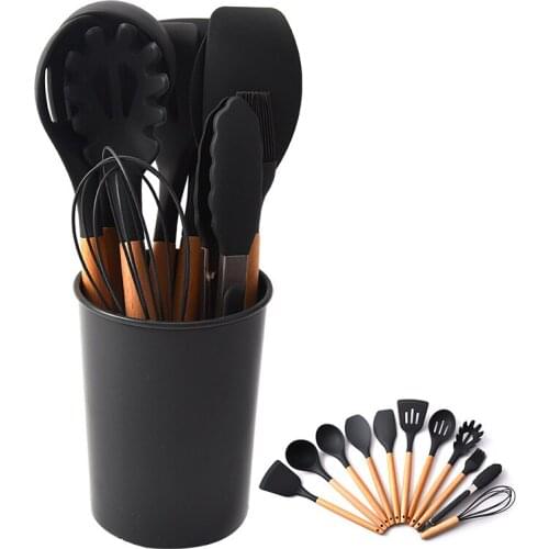 Silicone Utensils set 12 Pcs Non-stick Wooden Handle Cooking Tools Utensils Black Kitchen Containers Set Kitchen gadgets