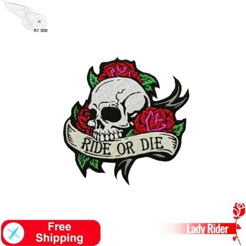 Ride or Die Skull with Roses Embroidery Patches Biker Club Iron on or Sew on Badges Motorcycle Jackets Vests Back Free Shipping
