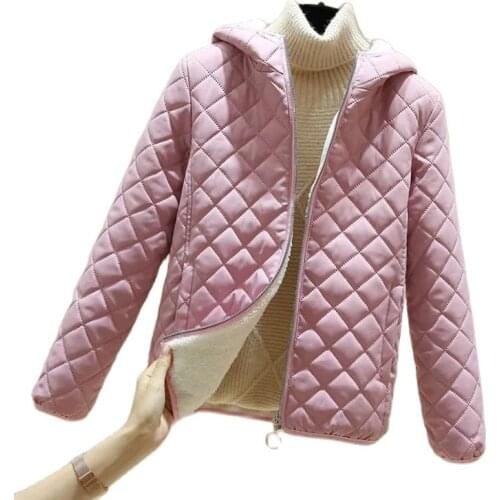 New Plus Velvet Thicken Hooded Womens Cotton Coats Winter Clothing Female Outerwear Imitate Lamb Velvet Ladies Cotton Jacket