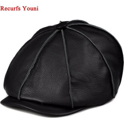 RY116 New Arrival 2020 Winter Men/Woman Genuine Leather Black/Brown Cowboy Caps Quality Cowhide Painter Hats Street Casquette