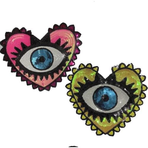 New Arrival Yellow/Pink Sew on Eye Heart Sequined Patches for Jacket 10'' x 8'' Evil Eyeball Sequins Patch Sewing DIY Accessory