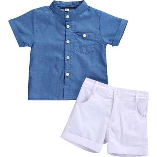 New 2 Pieces Kids Suit Set, Solid Color Stand Collar Short Sleeve Shirt and Shorts for Boys, Blue White