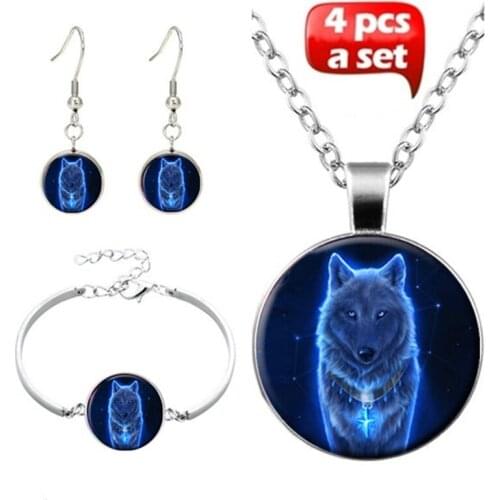 New Trendy 4pcs Necklace Bracelet Earrings Set Celtic Blue Wolf Photo Tibet Cabochon Glass Pendant Women Girl Family Gifts