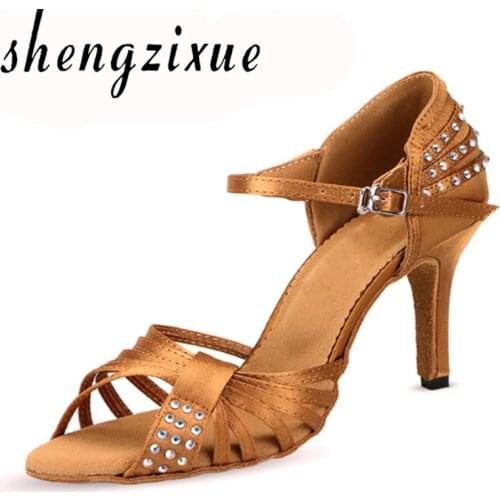 WUXIJIAO Latin dance shoes Bronze satin diamond New arrival soft bottom high-heeled 8.5cm Salsa party ballroom dancing shoes