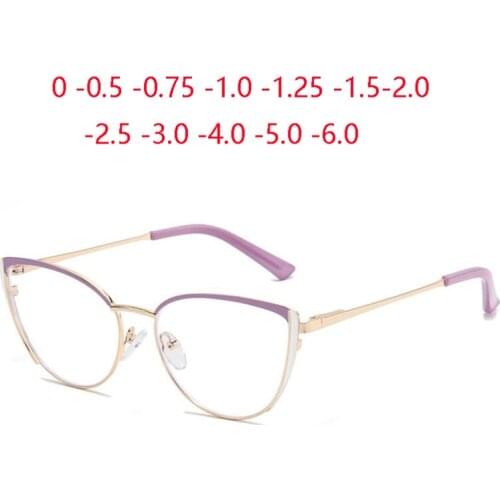 Anti Blue Light Women Metal Cat Eye Prescription Glasses For The Nearsighted Spring Leg Myopes Lunettes 0 -0.5 -0.75 To -6.0
