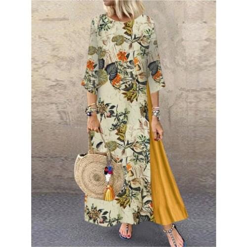 Autumn Three Quarter Sleeve Patchwork Swing Plus Size Long Dress Loose O-Neck Floral Print Femme Robe Vestidos De Mujer Casual