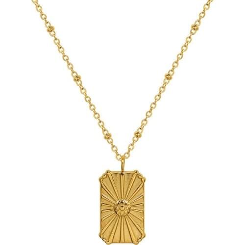 18K Gold Plated 316L Stainless Steel Simple Square Brand Engraved Flower Pendant Necklace For Women Girls Tarnish Free