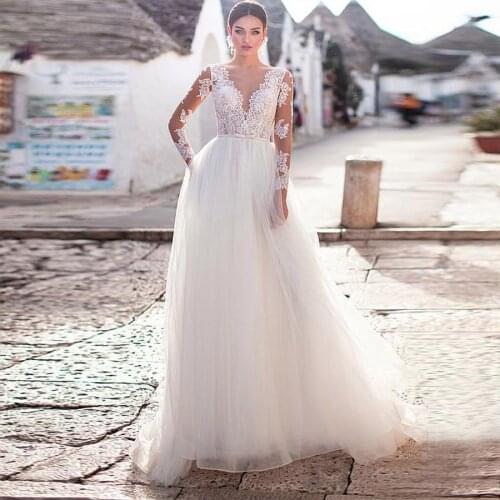 Winsome Tulle V-Neckline A-line Wedding Dresses Long Sleeves Elegant Lace Bridal Dress vestido noiva sereia