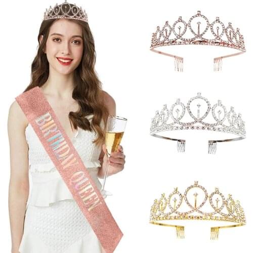 Rose Gold Glitter Birthday Queen Satin Sash Rhinestone Crystal Crown Tiara for Adult Girl Birthday Party Decoration Supplies