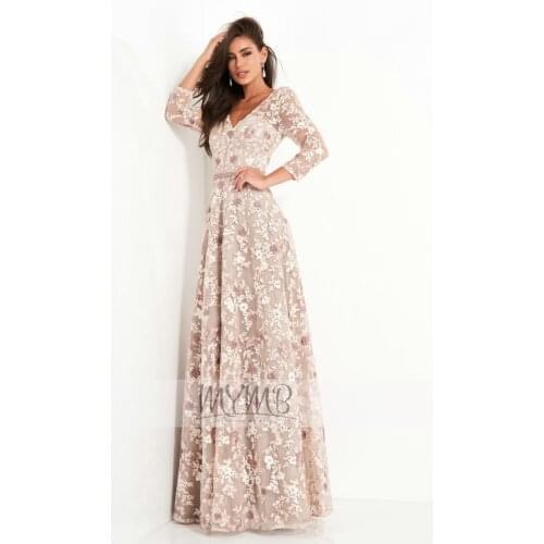 Modest Dubai Muslim Evening Formal Gowns 3/4 Sleeve Lace Embrioderied A Line Floral Bridal Mother Dress With Train Plus Size 18W