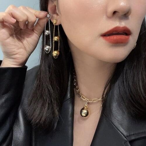 SRCOI Metallic Round Balls Long Earrings Gold Silver Color Beaded Link Chain Tassel Pendant Dangle Drop Earrings Party Jewelry