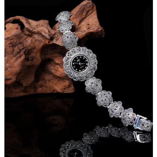 Sterling Silver S925 Bracelet Fashion Thai Silver Hand Chain Jewelry Plum Blossom Argentum Watchband Watch Women black White