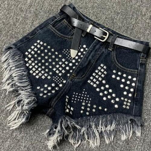 Heavy Work Summer Rivets Denim Shorts Women High Waist Tassel Punk Style Wide Leg