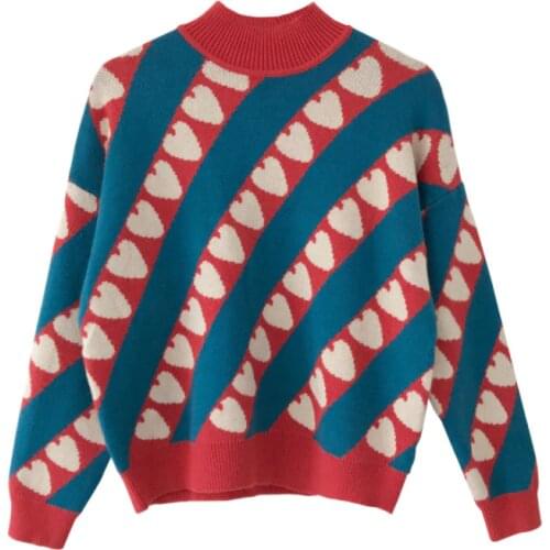 Turtleneck Sweaters Womens Cartoon Heart Embroidery Jumper Knitted Pullovers Kawaii Long Sleeve Loose Winter 2020 Female Tops