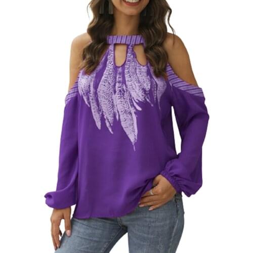 Plus Size Chiffon Shirt Women Sexy Off Shoulder Hollow Out Feather Print Casual Loose Blouse New Autumn O Neck Long Sleeve Tops