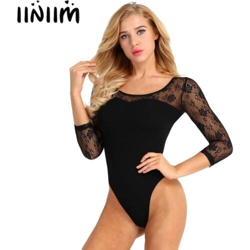 Womens Adult Lace 3/4 Sleeve Stretch Camisole Gymnastics Ballet Dance Leotard Bodysuit Costumes turnpakjes meisjes Performance