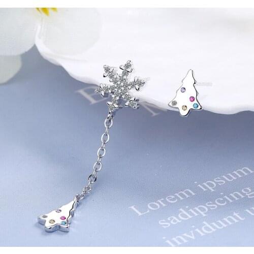 KOFSAC Women Asymmetry Snowflake Christmas Tree Zircon Stud Earrings Jewelry 925 Sterling Silver Earring Girl Party Accessories