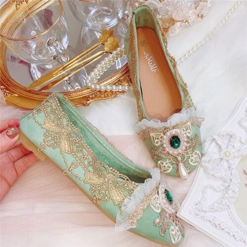 Womens Vintage Pearls Embroidery Lace Crystal Flats Loafers Retro Lolita Soft Designer Shoes Moccasin DIY Mary Janes Green New