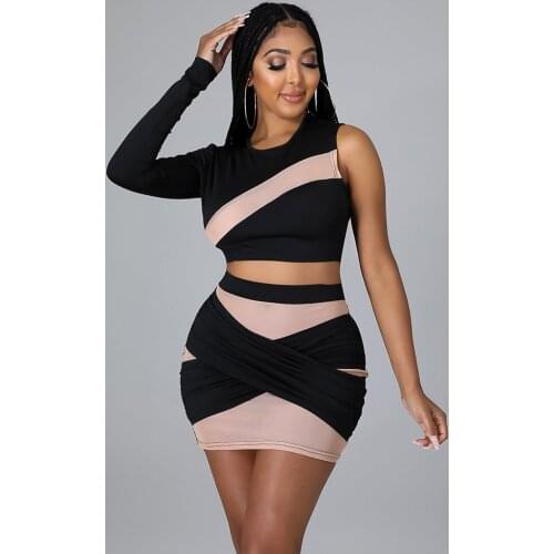 Women Set Mesh Patchwork Sexy See Through Tracksuit One Sleeve Crop Tops Sheath Elastic Mini Skirts Two Piece Set