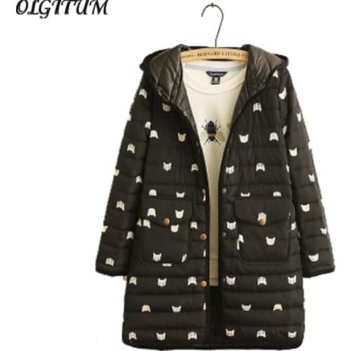 2019 New Women Winter loose cotton coat casual cartoon cat printting thickening cotton liner coat Long hooded cotton outwear