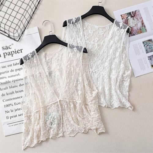 Summer Sexy Sheer Embroidery White Lace Top Vest Sleeveless Waistcoat Women Open Stitch Short Outwear Chalecos Para Mujer