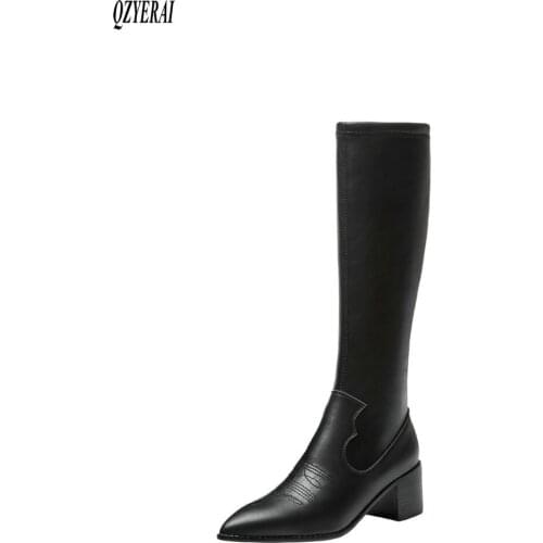 2021 New winter Genuine leather Knee high boots Women boots Motorcycle boots embroidery pointed boots warm cowhide Women shoes