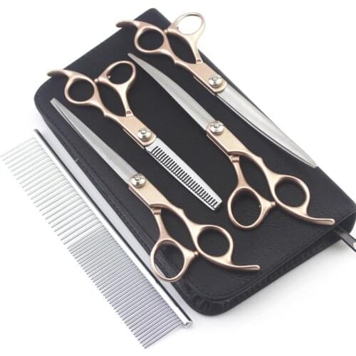 4PCS 7inch Gold Handle Scissors Professional Dog Grooming Hairdressing Shear Scissors Set Curved Scissors kit pet groomer tools